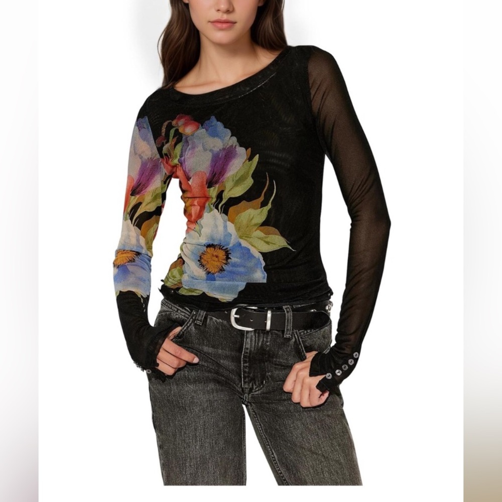 Mesh Long Sleeve Floral Tee Crew Neck Slim Fit Going Out Blouse
